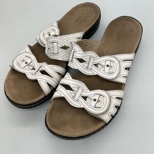 Clarks White Leather Braided Slide Mules